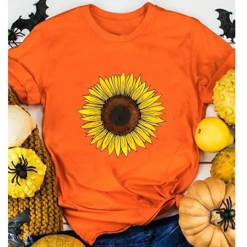 Golden Sunflower Print Women T Shirt Short Sleeve O Neck Loose Women Tshirt Ladies Tee Shirt Tops Clothes Camisetas Mujer