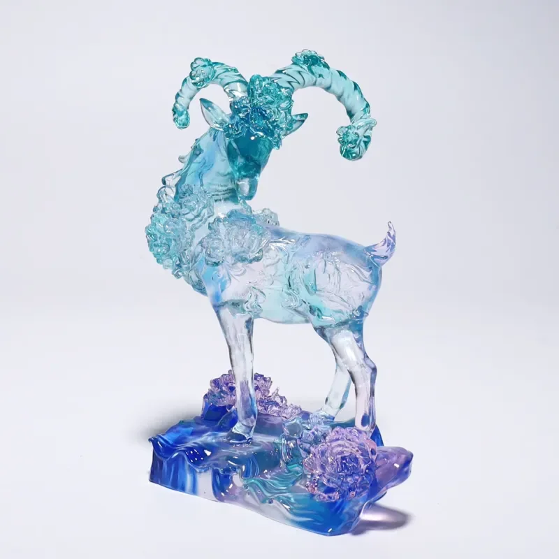 Crystal Glass Sheep Statue with Flower Relief Art Decoration Tabletop Ornaments for Home Office Business Wedding Anniversary