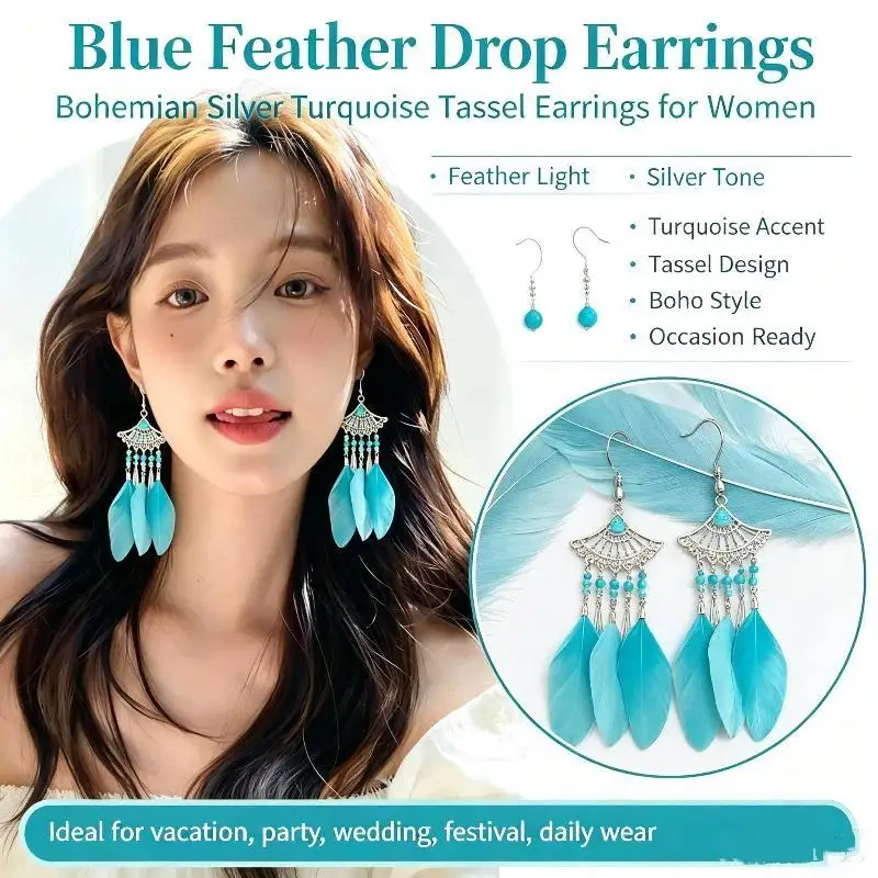 1 Pair Ethnic Colorful Natural Feather Earrings for Women Retro Long Rhinestone Crystal Leaf Dangle Earrings Boho Vacation Jewe