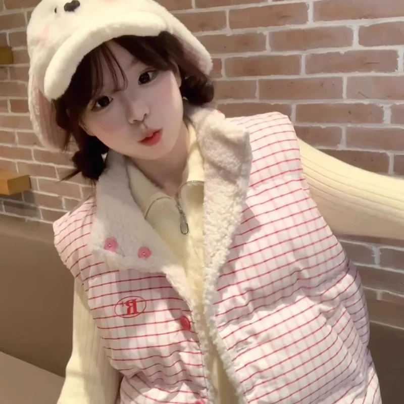 

Double-Sided Wear Lamb Fur Vest Thiened Retro Women's Cotton Jaet Winter Warm Ci Commute Casual Outerwear Faionable