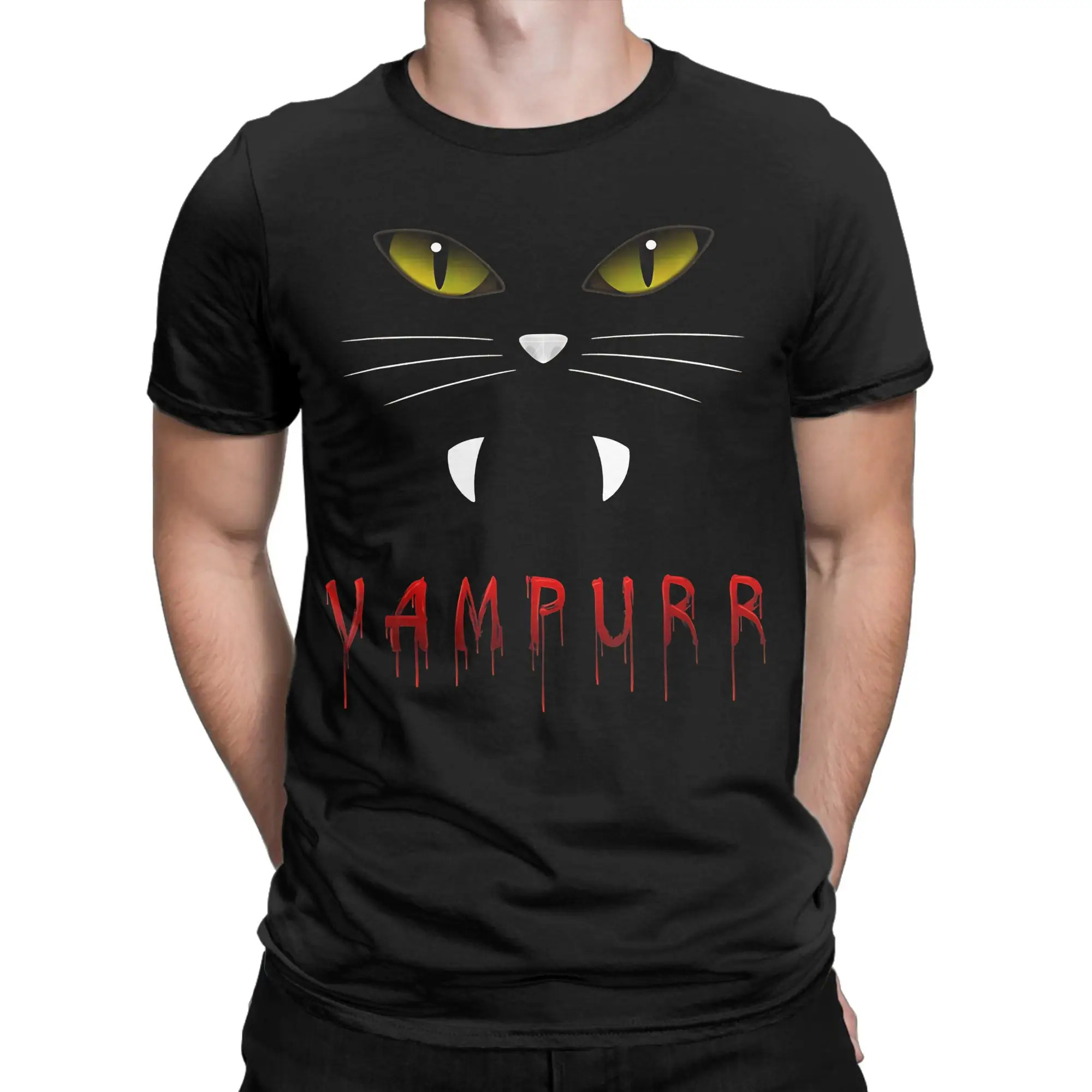Halloween Cat Yellow Eyes Vampurr Vampire Scary Halloween  T Shirt for Men Cotton Fashion for Male T-Shirt