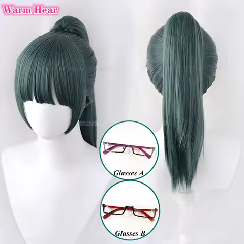 High Quality Synthetic Anime Maki Zenin Cosplay Wig Long 60cm Blue Green Ponytail Wig Heat Resistant Hair Party Wigs + A Wig Cap