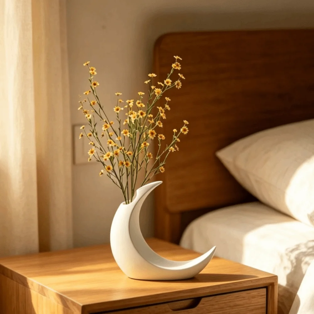 Modern 3D Printed Crescent Moon Shape Vase Plastic Gothic Style Dried Flower Vase Solid Color Decorative Vase Office Desktop