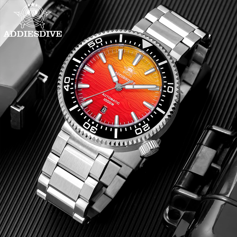 ADDIESDIVE New AD2526 Automatic Diver Watch 1000M Japan 8215 Sapphire Double Dome BGW9 Lume Gradient Burning Cloud Sunset Dial