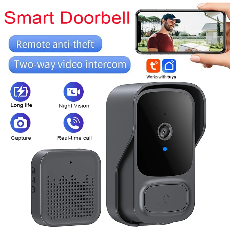 Tuya الذكية اللاسلكية جرس باب يتضمن شاشة عرض فيديو الأمن ذكي جرس باب المنزل المراقبة عن بعد اتجاهين الاتصال الداخلي HD للرؤية الليلية جرس