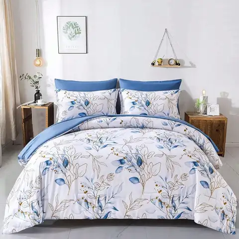 Pieces Botanical Comforter Set Queen King Size,Floral Reversible Bed In A Bag Gold Blue Leaves Bedding Set Queen 1 Comforter,2 P
