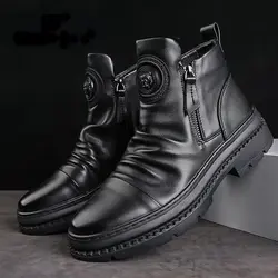 Botas Martin de lujo para Hombre, Zapatos altos de estilo británico, botas de cuero para motocicleta, botas Retro con cremallera