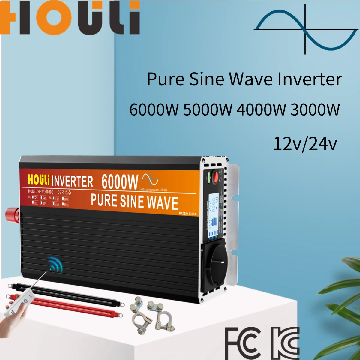 HOULI Solar inverters 12v 220v pure sine wave clean sine Frequency converter USB 6000W/3000W real 24V  EU