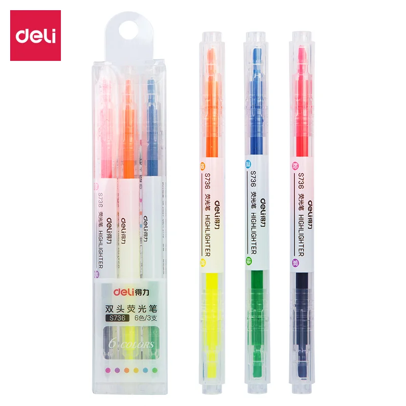 DELI Highlighter Set 3pcs/6colors Flourecent Marker Pens for Students Stationery