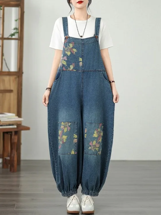 

Waed Cotton Denim Pants Color Blo Print Splicing Bleach Large Size Women's Anti Aging Overalls Slimming Harlan Pants