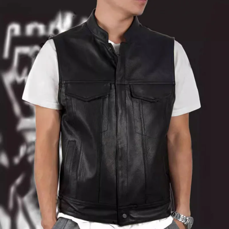 Men's Fashion Casual Leather Waistcoat Trendy Leather Suit Vest Men's Single-Breasted Cardigan Pocket Stand Collar Coat Men