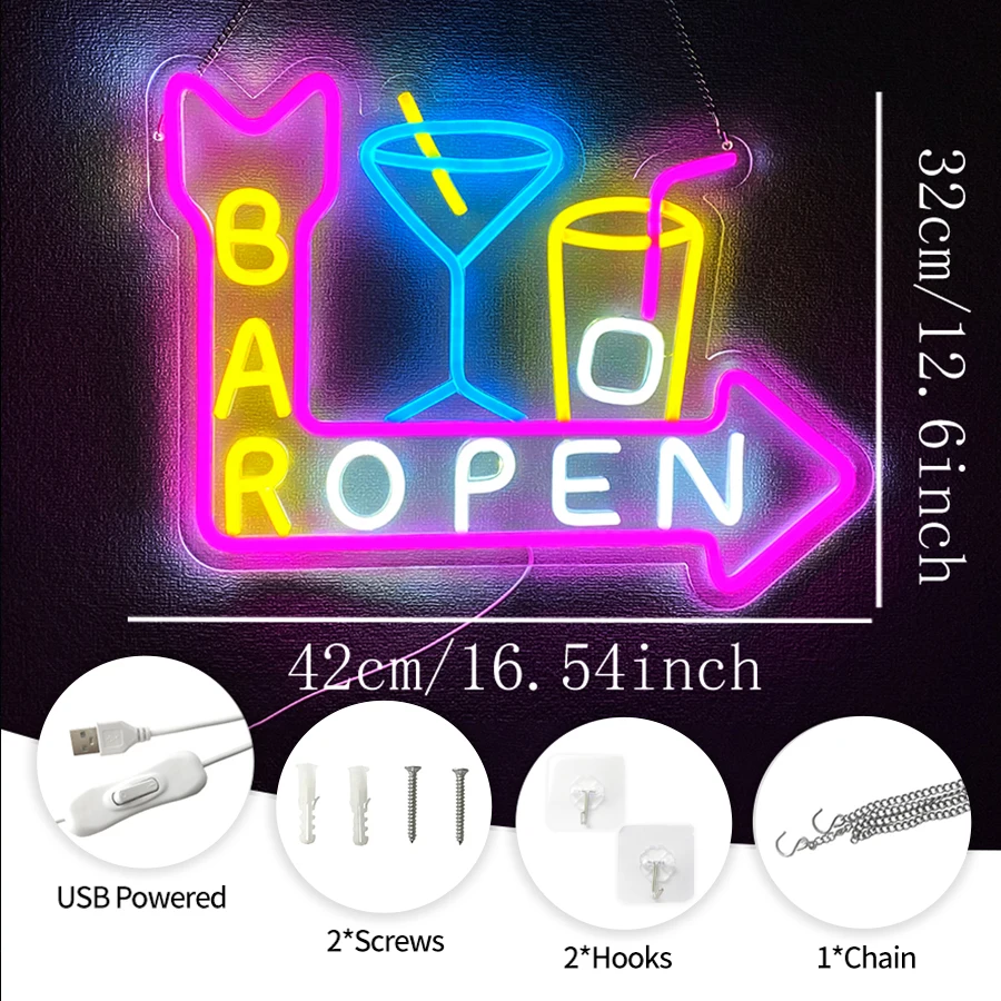 Bar Open Neon Sign,LED Light Up Open Business Signs for Wall Decor,Bar Neon Light Sign for Home Bar Man Cave Window Club Party