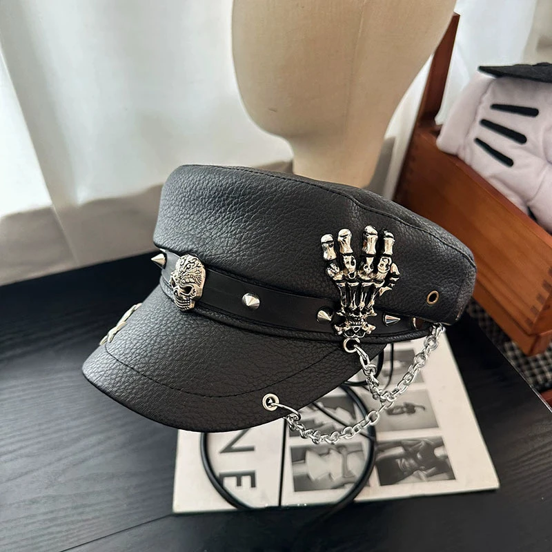 Vintage Punk Style Personalized Rivets Skull Chain PU 