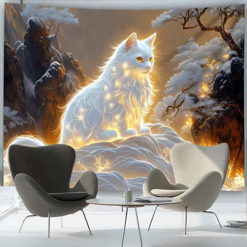 VIKAMA Oriental Tapestry Glowing White Cat Spirit Mountain Pine Golden Mist Fantasy Soft Mystical Lunar Zen Home Decor