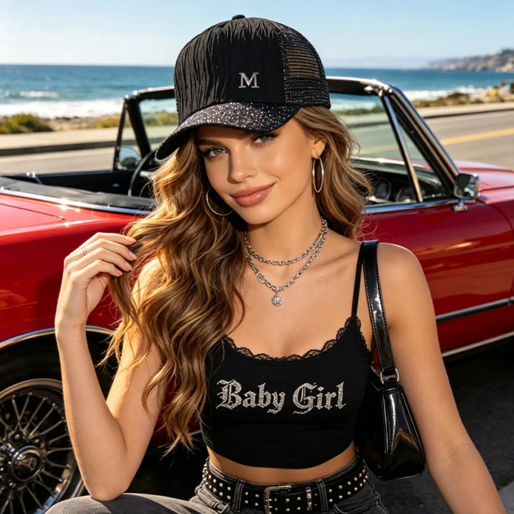 Simple Blingbling Shiny Baseball Cap Sparkling Letter M Decor Sun Hat Adjustable Sunshade Mesh Trucker Hats Party