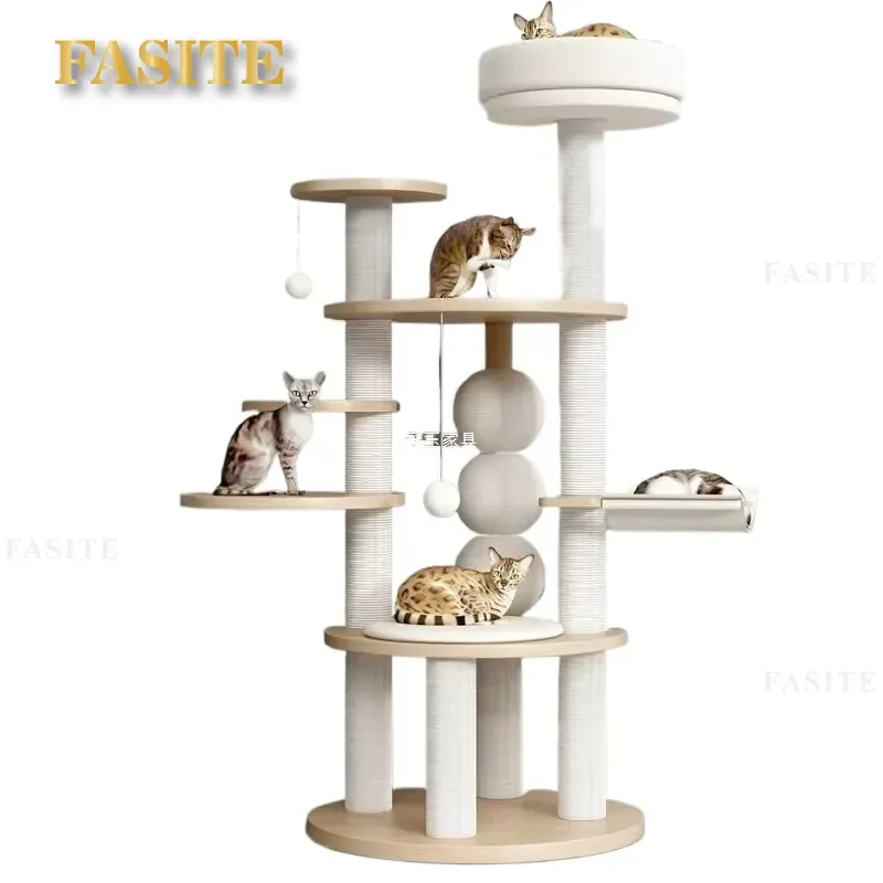 For Large Cats Solid Wood Cat Tree with Litter Box Scratching Post Space Capsule Toy Multi-Cat Furniture All Season Use