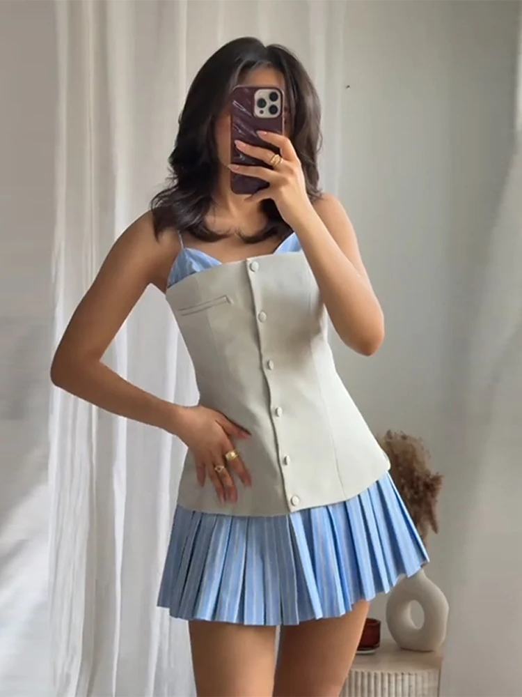 

HipSeam Fashion Contrast Color Patchwork Pleated Short Dress Women Elegant High Waist A-line Evening Party Dress Lady Vestidos