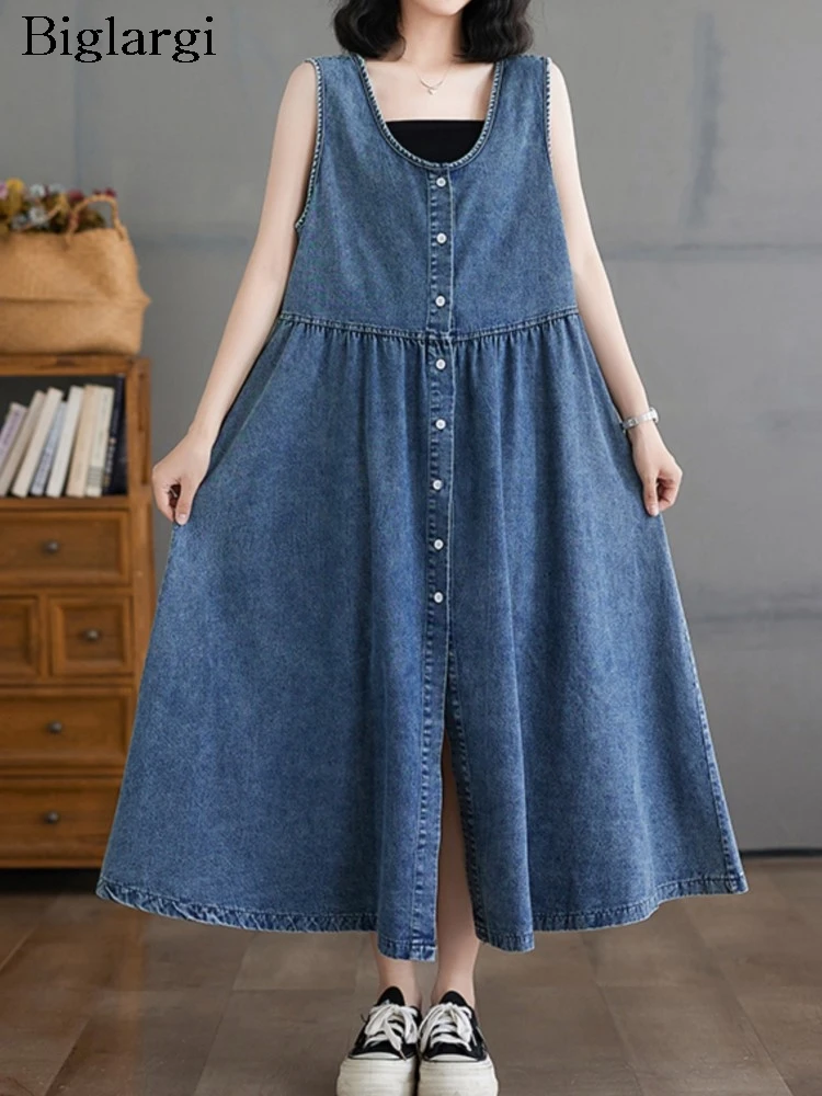 

Denim Oversized Summer Sleeveless Vests Dress Women Loose Ruffle Pleated Fashion Ladies Dresses Casual Woman A-Line Long Dress