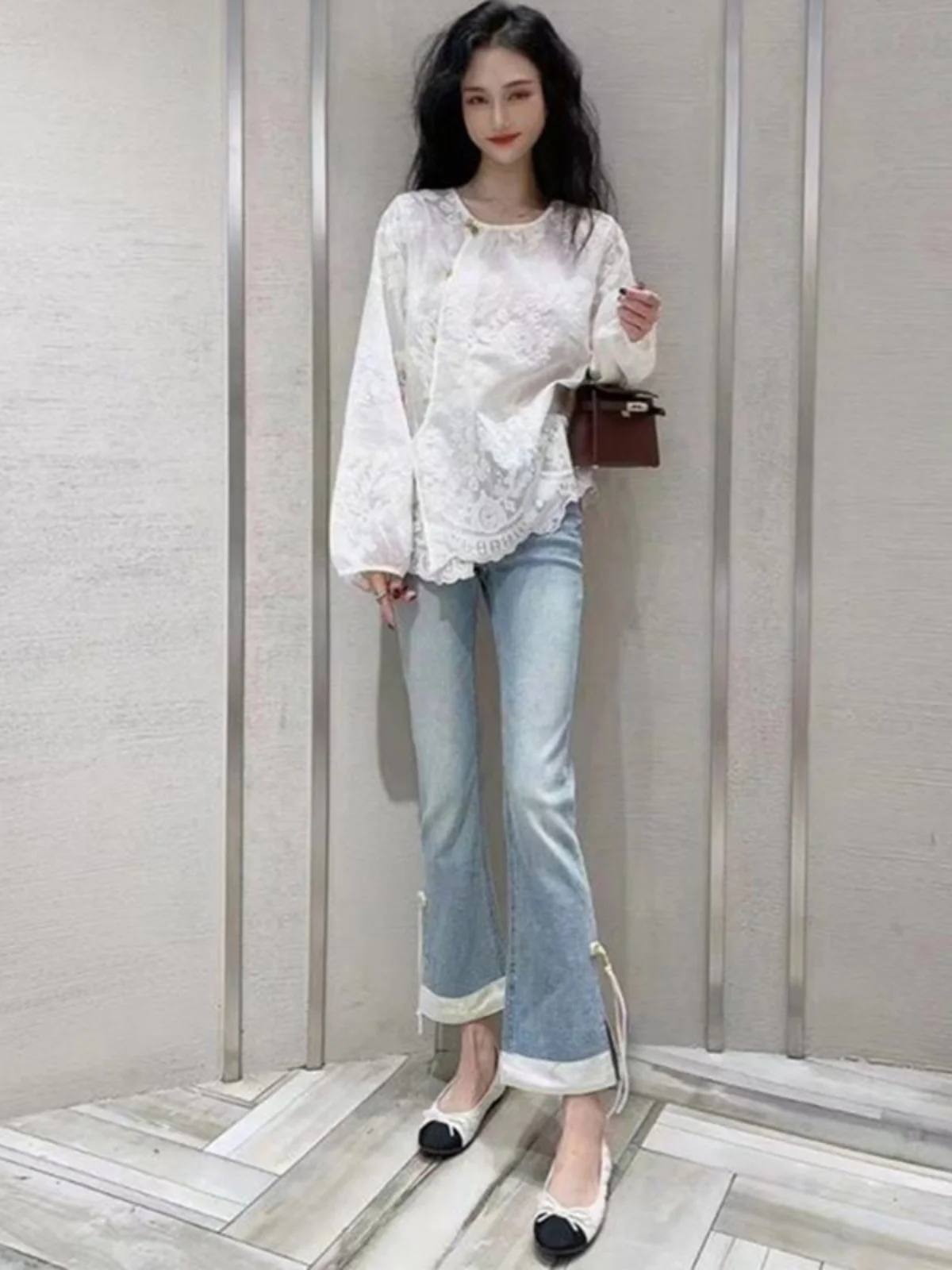 Ele High Waist Micro Flare Jeans Satin Patchwork Elastic Golden Button Tassel Nine Points Slimming Cotton Polyester Blend