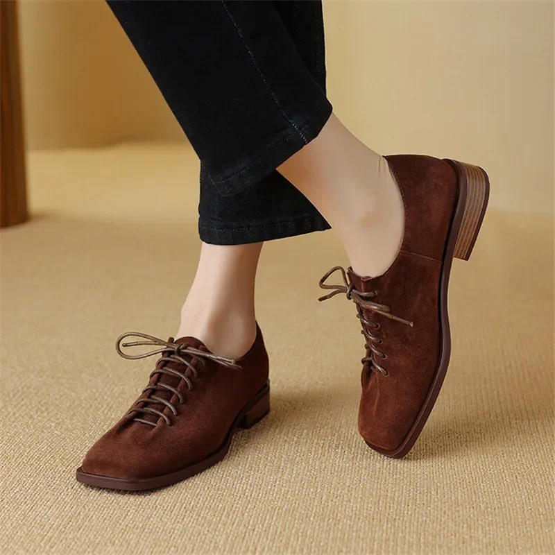 New Spring Sheep Suede Loafers Woman Shoes Chunky Heel Square Toe Shoes for Women Ladies Shoes Lace Women Pumps Low Heels