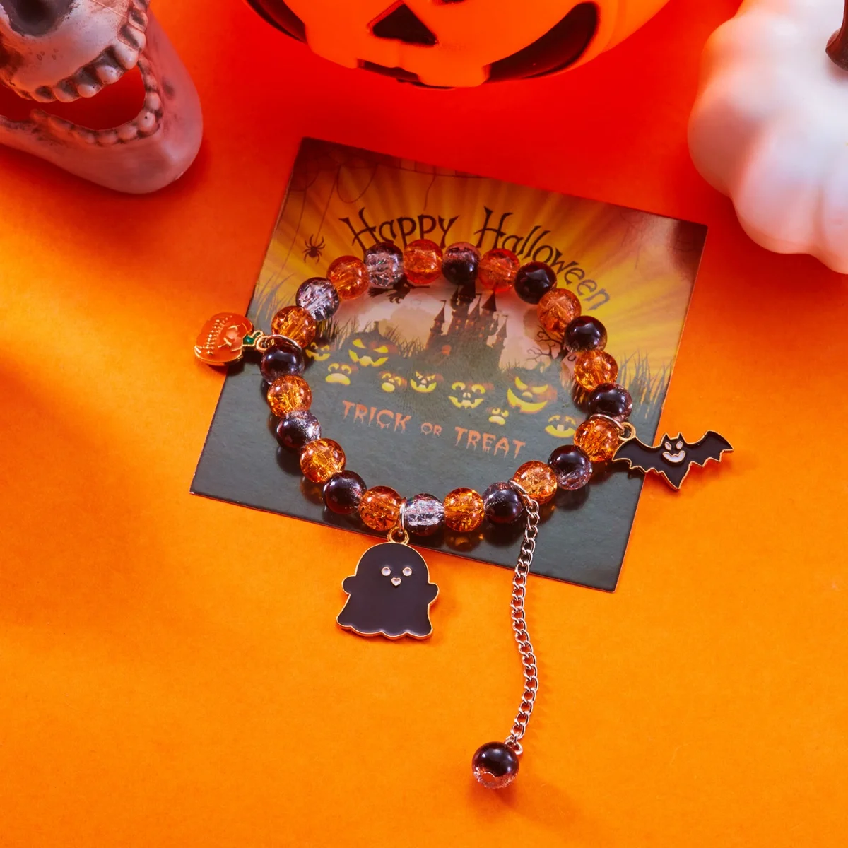 Halloween Bracelet Pumpkin Ghost Bat Castle Pendant Charm Crystal Bead Bangle Goth Jewelry For Women Men Party Gift Accessories