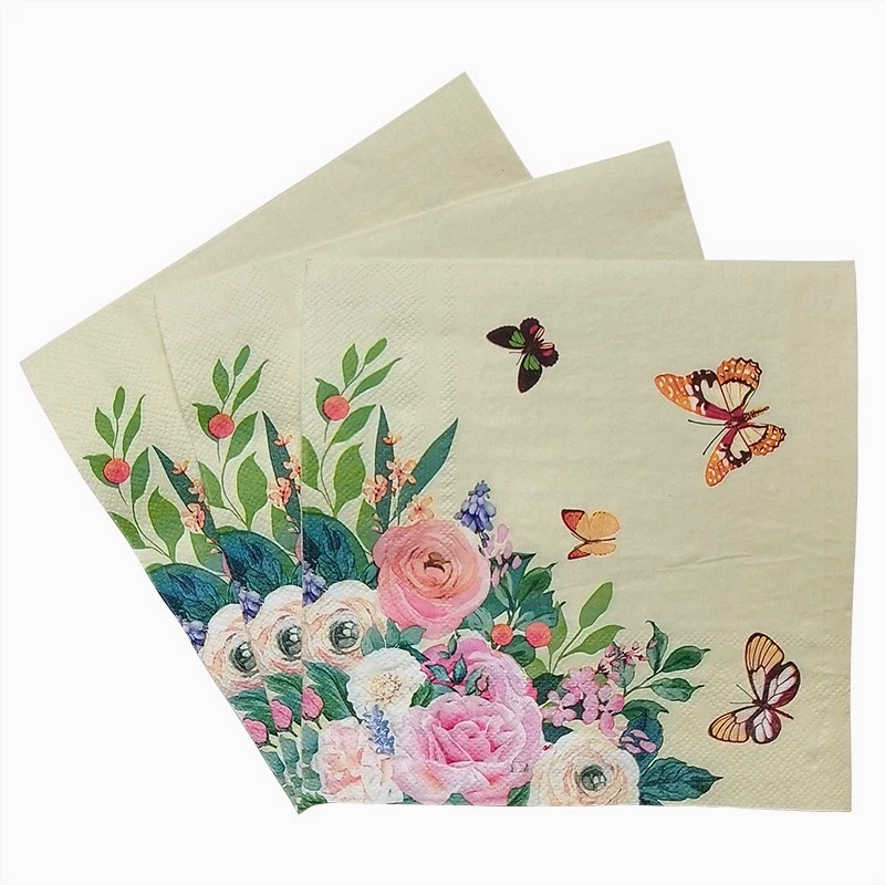20Pcs Flower Butterfly Printed Paper Napkins, Disposable Napkins for Baby Shower Birthday Party - Table Decor Tissue Supplies