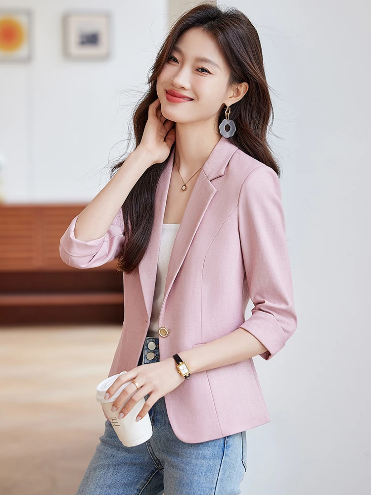 

Розовая повседневная женская куртка с рукавом три четверти, маленький размер, с подплечниками, летняя, новинка 2026 года, для работы, приталенный крой