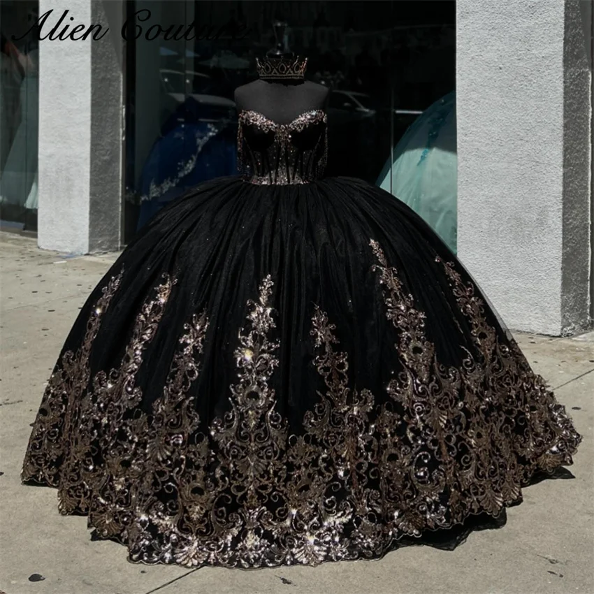 Glitter Black Ball Gown Princess Quinceanera Dress 2024 Sequin Appliques Sweet 16 Party Gown Vestidos De 15 Años Birthday Gowns