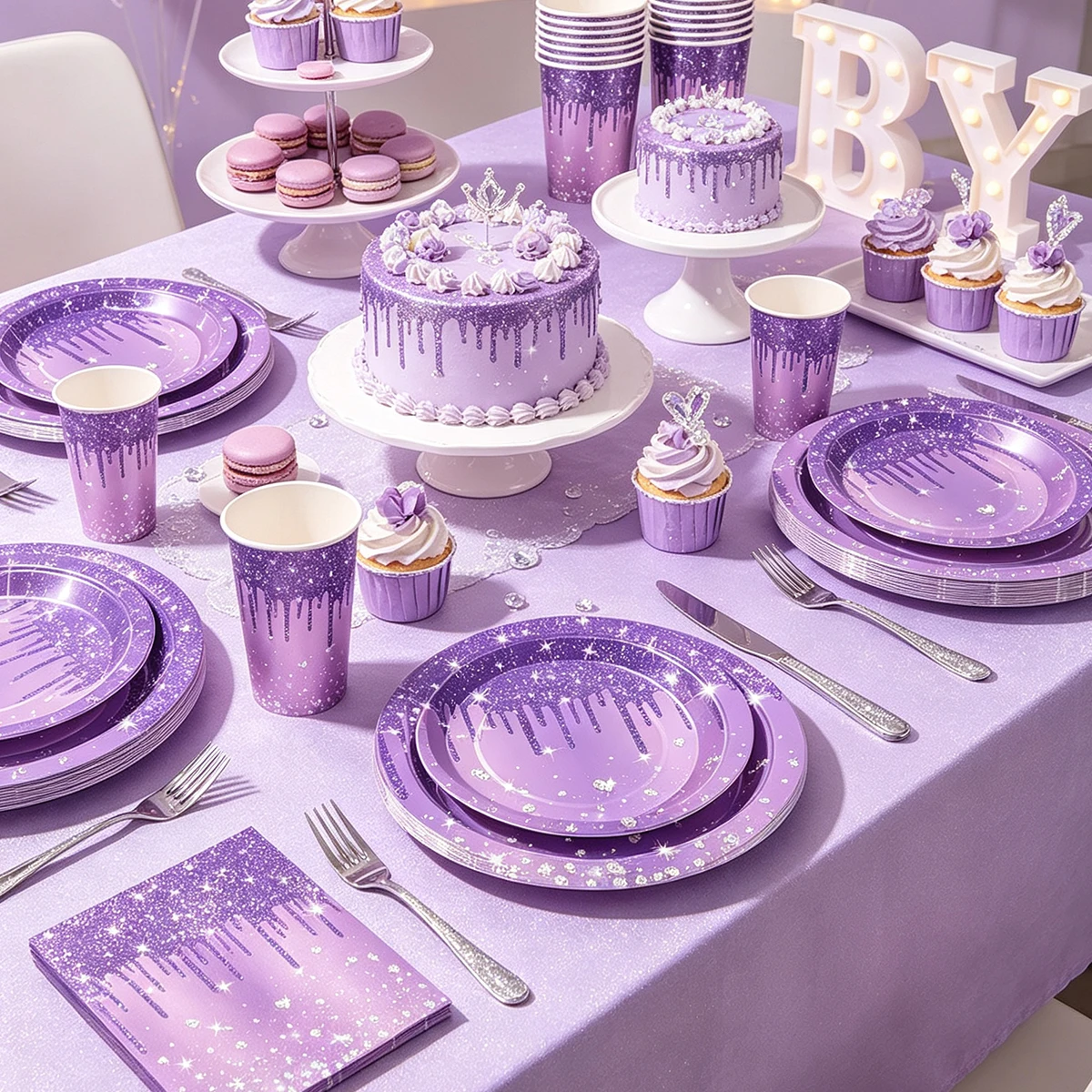 Purple Glitter Diamond Disposable Party Tableware Set Paper Plates Cups Napkins for Birthday Wedding Anniversary Party Supplies