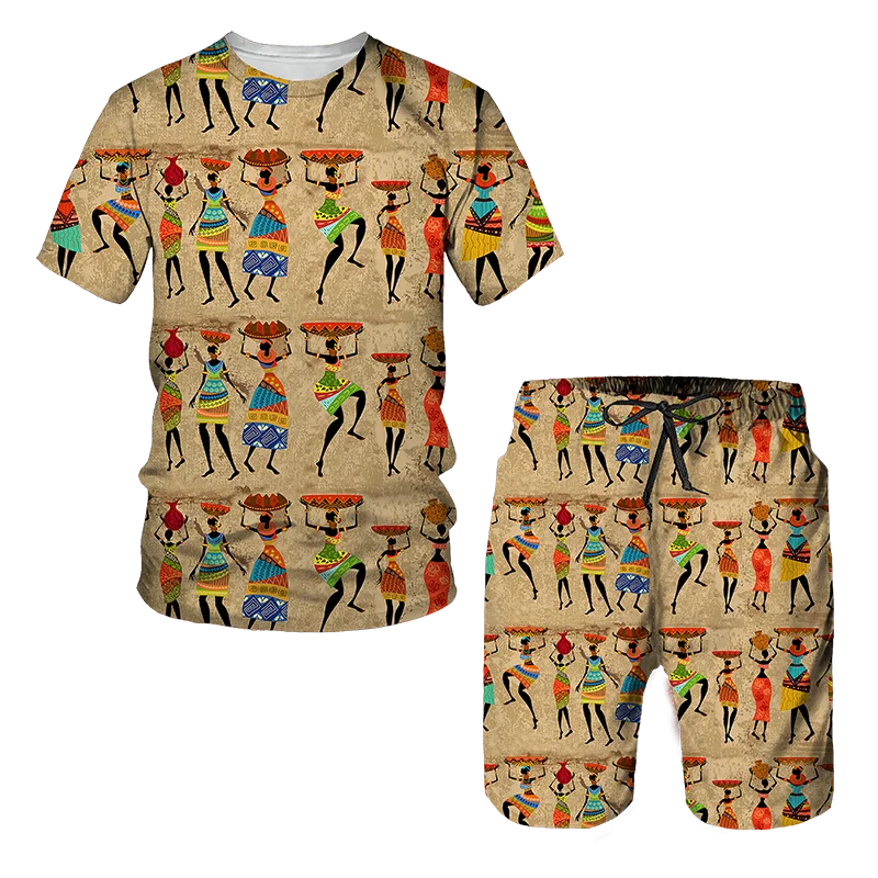 Sommer männer T-shirt Set Tops Shorts 2 Stück 3D Druck Ägyptischen stil Mode Outfit Übergroßen Täglichen Quick Dry Trainingsanzug