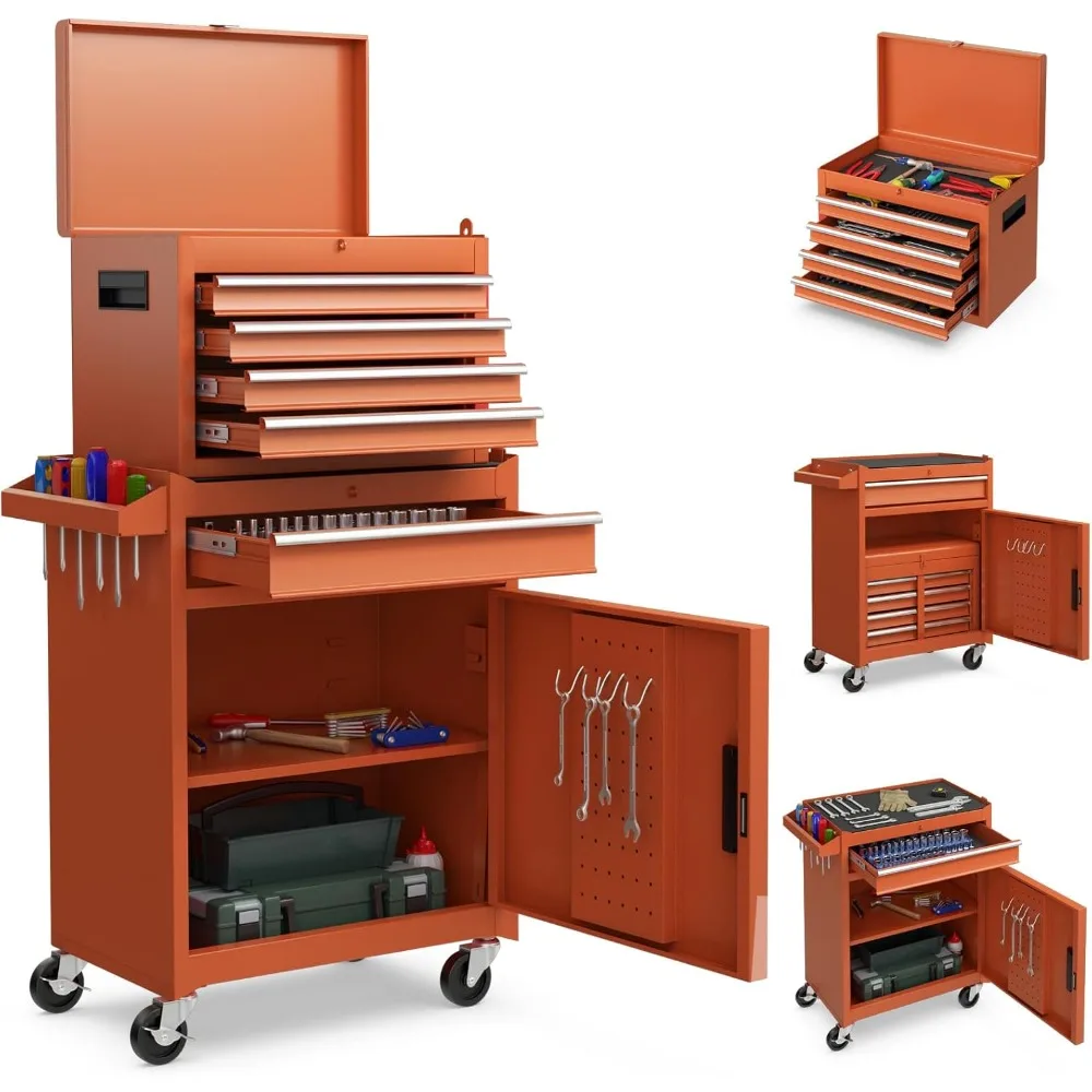 Tool Chest, 5 Drawers Rolling Tool Cabinet with Detachable Top Toolbox, Universal Lockable Wheels, Lock Bar, Customized