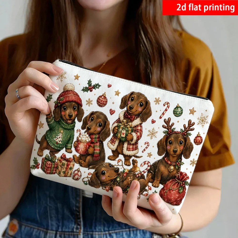 Christmas Dachshund Puppy Cosmetic Pouch Snowflake Gift Print Women Travel Makeup Storage Zipper Bag Xmas Holiday Gift