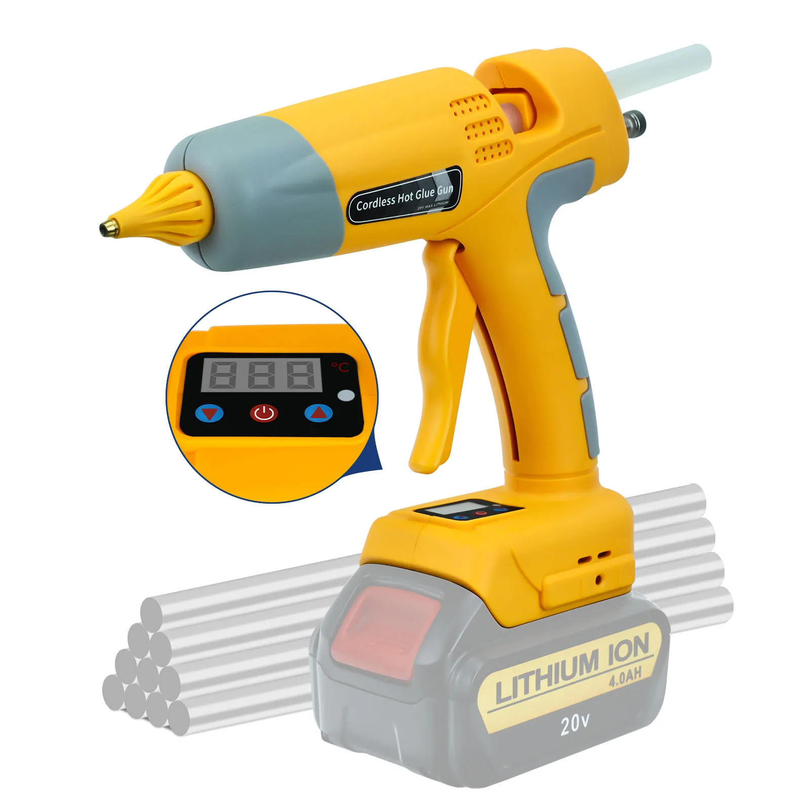 

100W Cordless Hot Glue Gun Kit for Dewalt 20V Battery with 10pcs 11mm Glue Sticks LED Digital Hot Melt Glue Gun (No Battery)