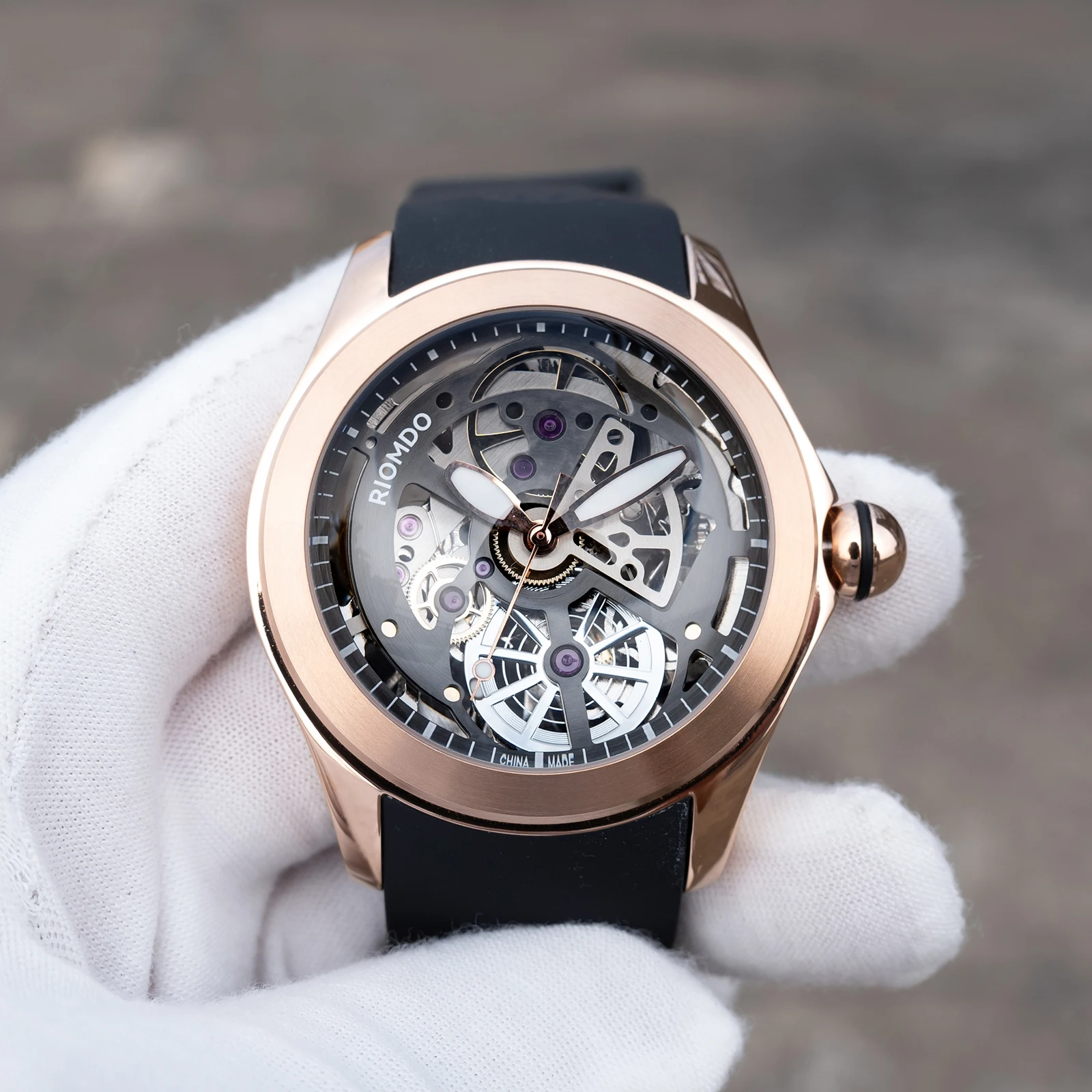 OBLVLO Men's Rose Gold Machinery Skeleton Dial Automatic Watch Luminous Waterproof Rubber Band Military Sport Watches RD-718