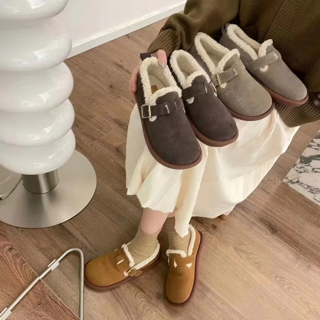 2024 New Women's Fleece Shoes Winter Warm Snow Boots Thick Sole Round Head Comfort Cotton Shoes Casual Bean Shoes Loafers Urban