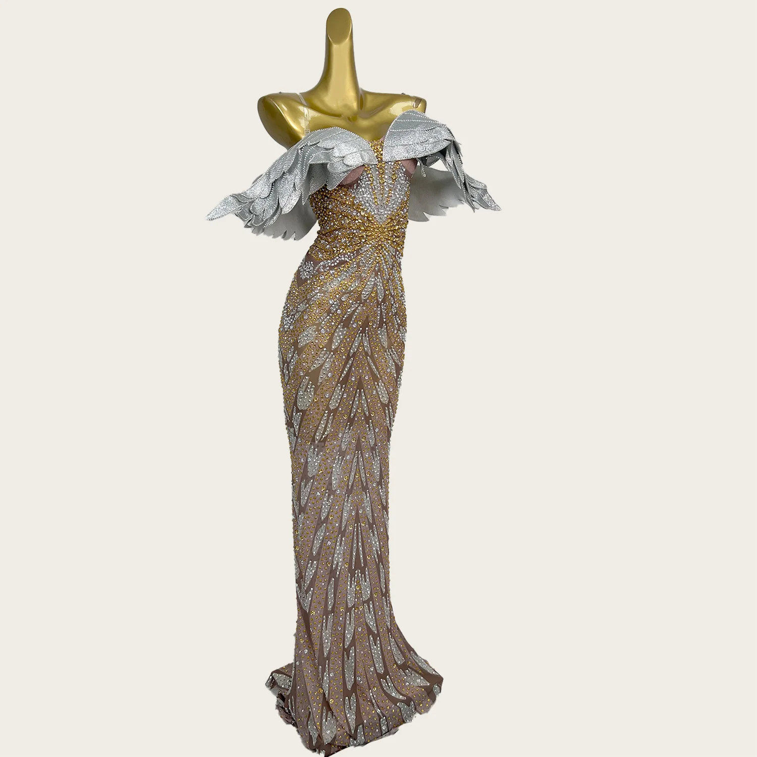 ชุดราตรีหรูหราแบบนางฟ้า ประดับคริสตัลระยิบระยับ ยาวกรอมพื้น สายเดี่ยว ดีไซน์ปีกนางฟ้า สำหรับงานปาร์ตี้หรืองานพรอม รุ่น Yuyi