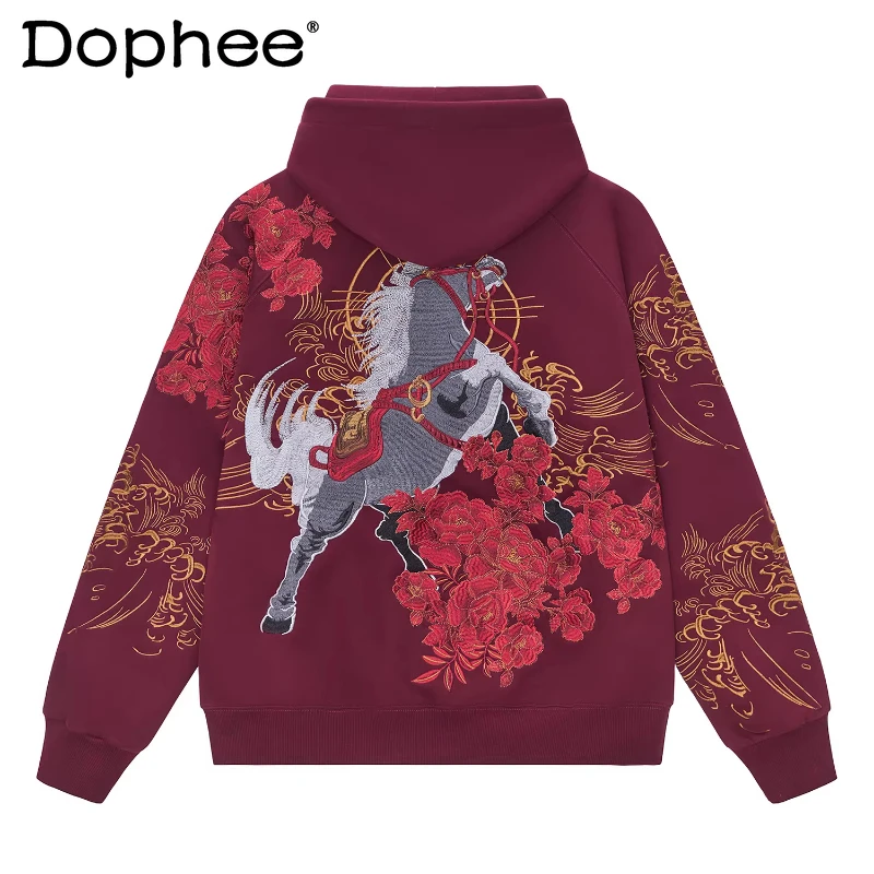 

Men's Women's 2026 New Embroidered Horse Print Hooded Fleece Sweatshirts Pockets Hoodies Personality Handsome Chic Colorful Tops