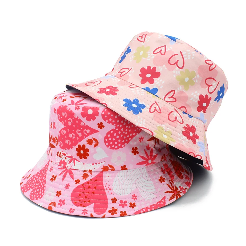 Bocca Love Heart Printing Bucket Hat Pink Women Fisherman Hats Flower Pattern Double Sides Panama Cap Outdoor Travel New Style