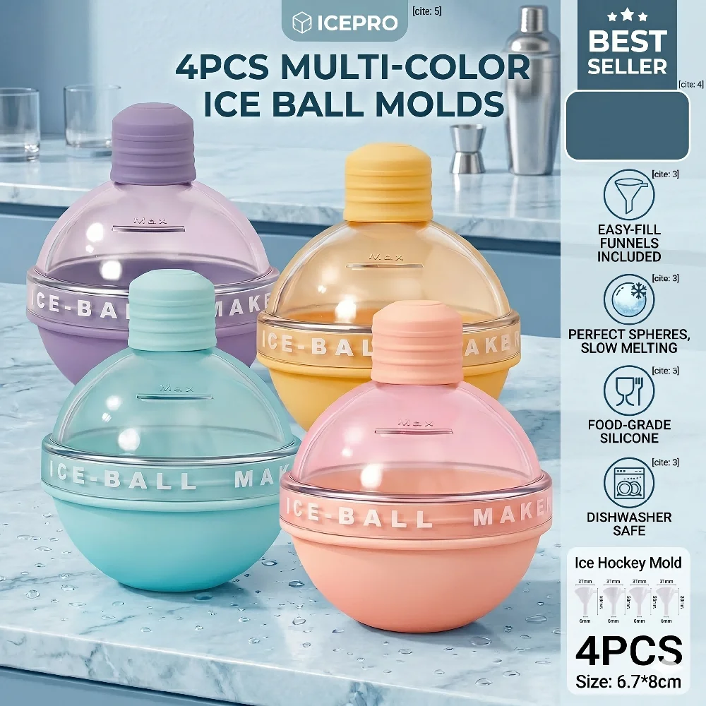 4Pcs Sphere Ice Ball Molds Silicone Round Maker Mold Light Bulbs Mould Reusable 2.5 Inch Ice Maker Moulds with Lids for Whiskey