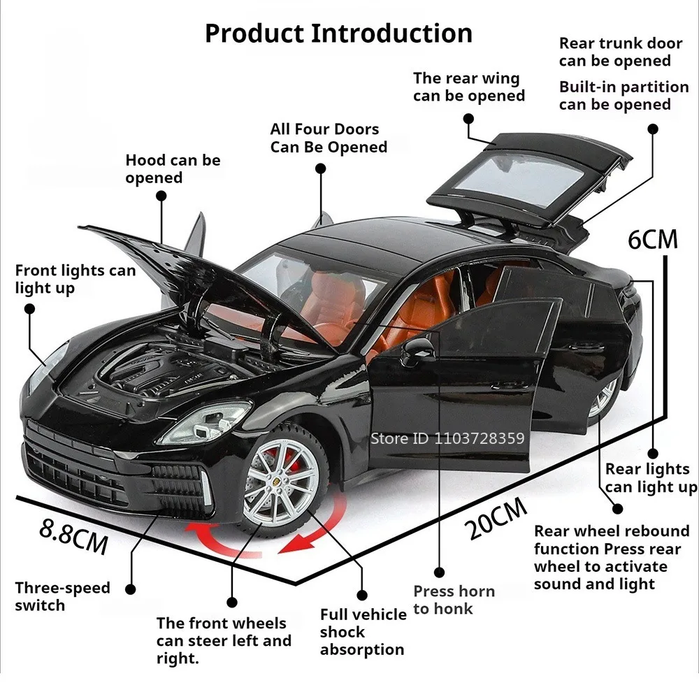 รถของเล่นจำลอง Panamera GTR-R34 ขนาด 1:24 ผลิตจากโลหะ พร้อมระบบกันสะเทือน เสียง แสง ดึงหลังวิ่งได้ ของเล่นรถสปอร์ตซูเปอร์คาร์สำหรับเด็ก