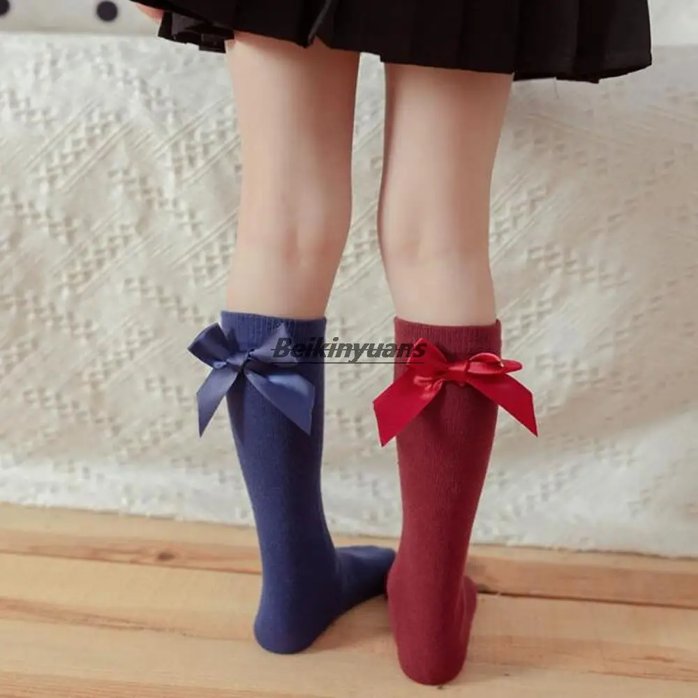 

New spring and summer double-needle bow lace cotton tube girls baby socks loose children pile socks