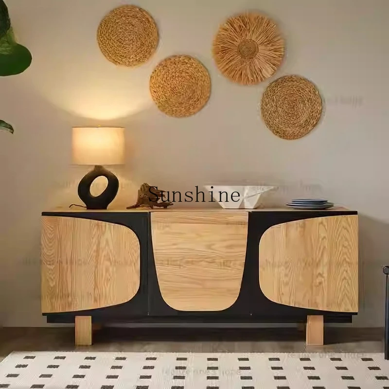 

Nordic solid wood retro old dining side storage cabinet Japanese log living room against the wall storage