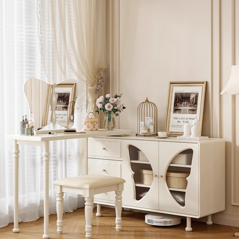 

White Cream Princess Wind Makeup Table Solid Wood Bedroom Furniture Dressing Table with Mirror Vanity Dresser with Drawers