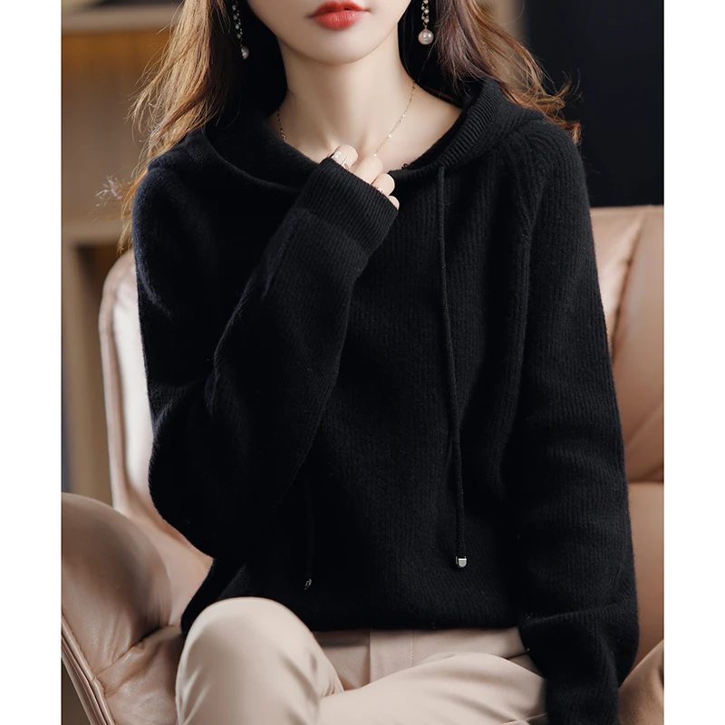 Spring And Autumn Pure Wool Precision High End Fashion Hooded Cashmere Sweater Women\'s Loose And Comfortable Sweater Temperament