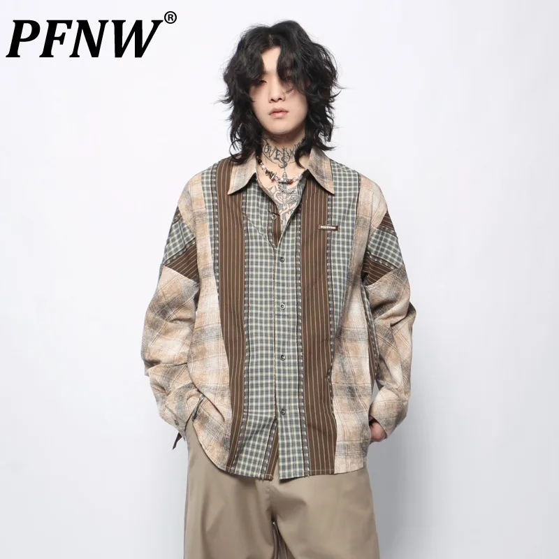 PFNW American Vintage Splicing Colorblock Plaid Long-sleeved Shirt Men's Trend Spring 2025 New Loose Casual Lazy Tops 28W5953