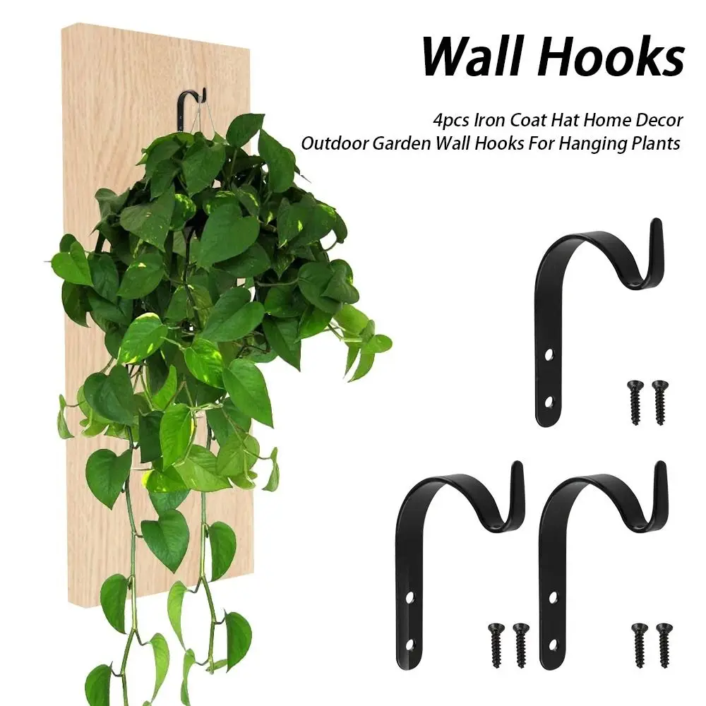 

4PCS Plants Holder Vintage Iron Wall Hooks J Shape Rustic Metal Hooks Wall Mounted Black Plants Hangers Balcony