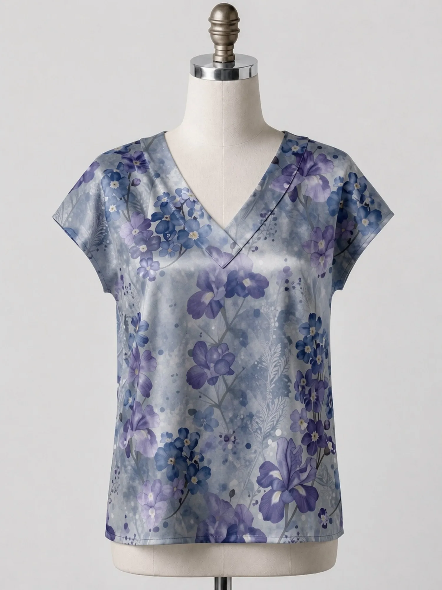 Floral Satin V Neck Top for Women Cap Sleeve Loose Draped Fit Silky Resort Lounge Summer Wear Lightweight Breathable Smooth Airy