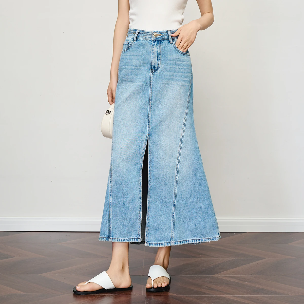 OLrain Women's 2026 Casual Denim Thin Blue Midi Rivet Skirts Woman A-LINE Trumpet Ladies Jean Skirt Smmer Clothes O57XB99562