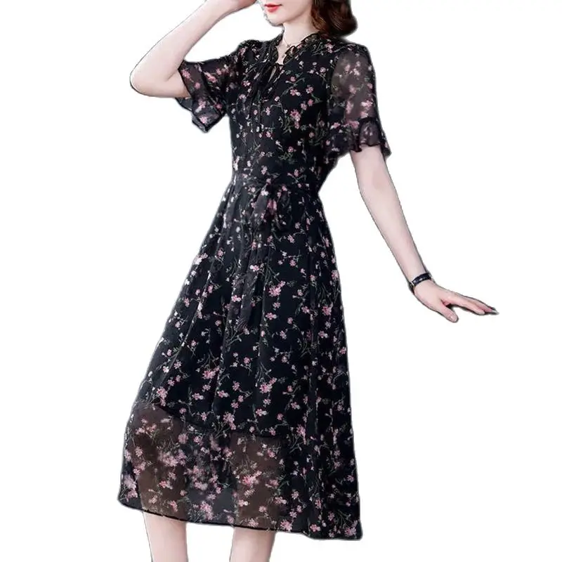 2022 Spring Latest Floral Dress Women Long-Sleeved Printing Chiffon Dress Female Fat MM Age-Reducing Base Long Skirt A