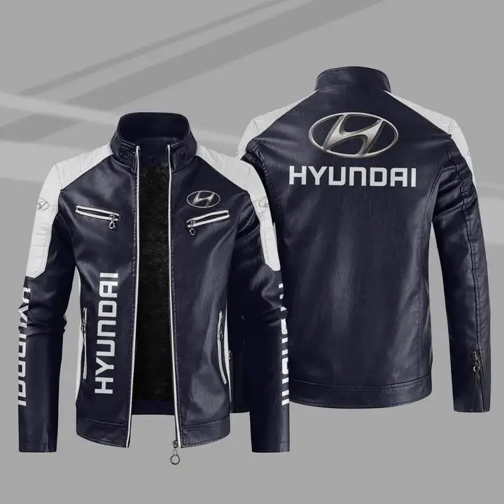 Fashion Men\'s Hyundai Car Logo Leather Jacket Stand Collar PU Coat Male Windproof Motorcycle Lapel  Zipper Outerwear